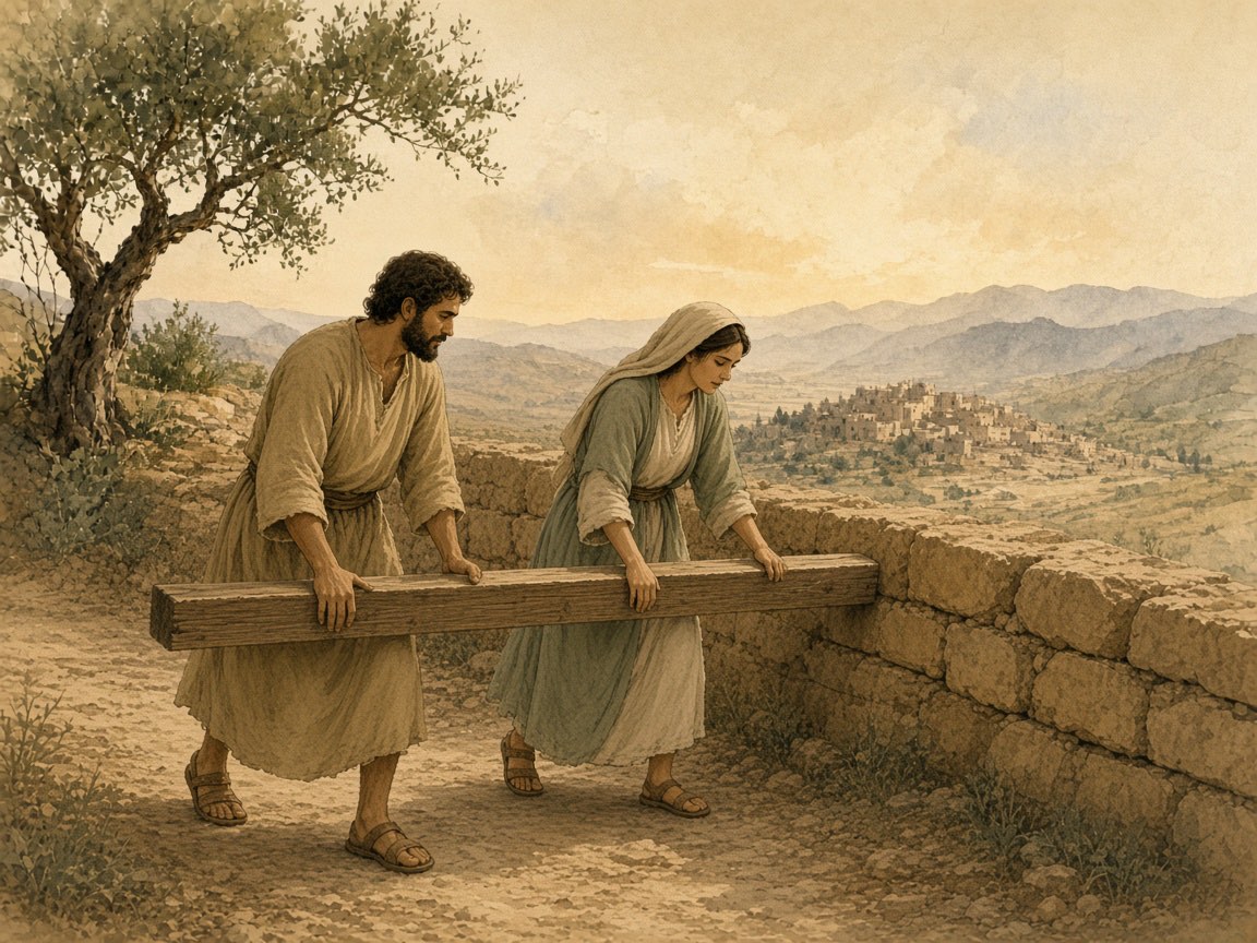 A man and a woman carry a wooden beam together.