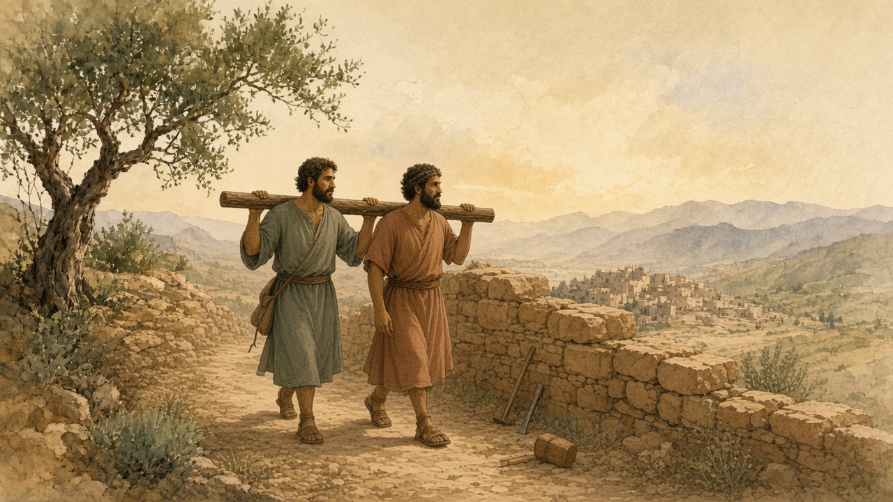 Two workers carry a wooden beam together toward a half-built stone wall.