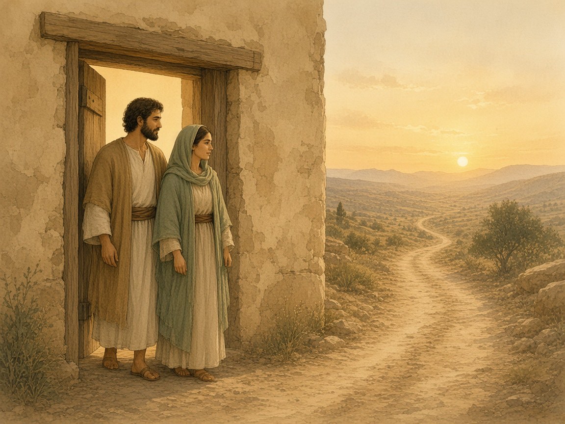 A man and a woman stand together in a doorway at dawn.