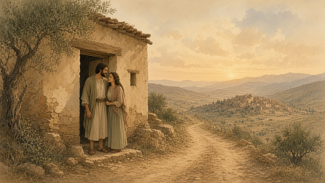 A couple stands in a doorway at dawn, looking out along a long road through the hills.