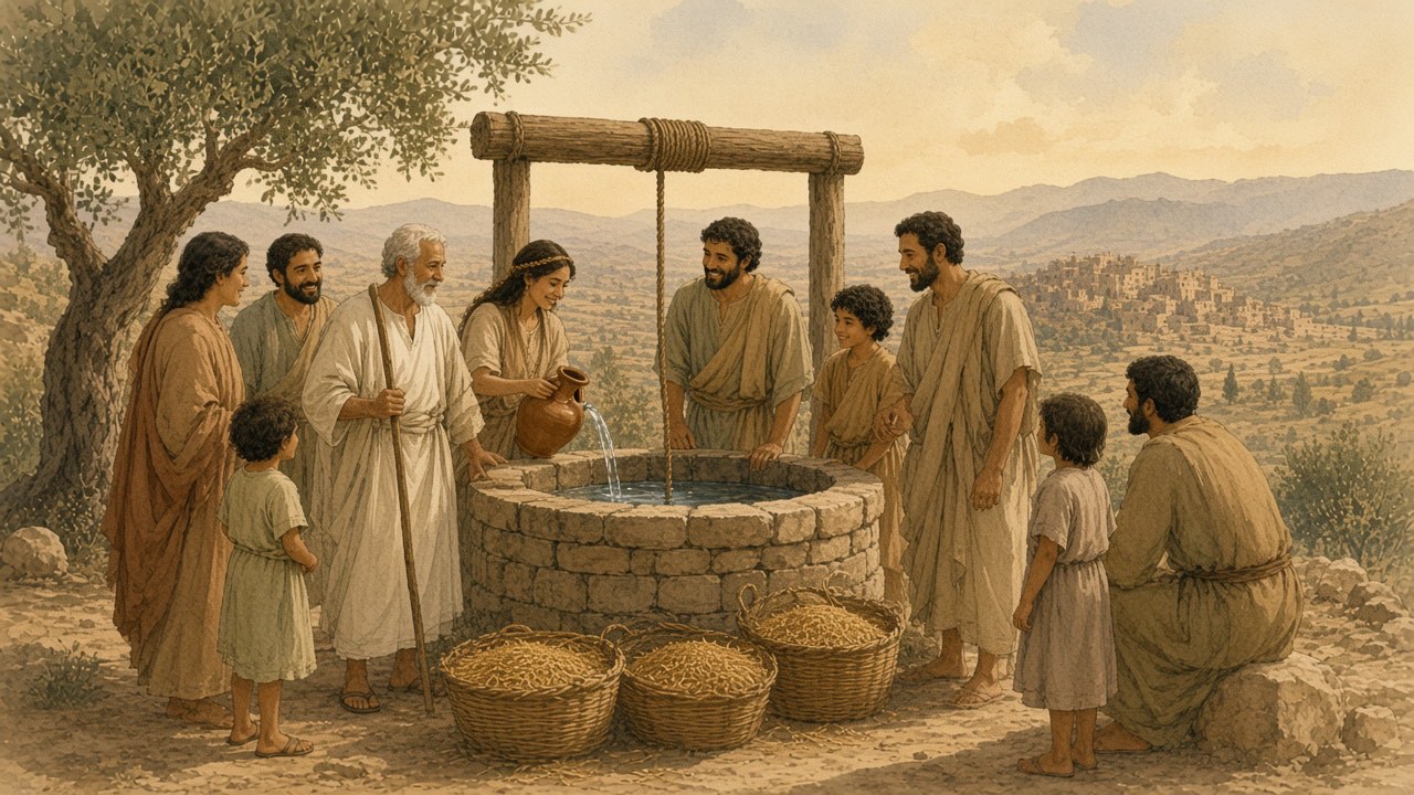 Neighbors gather at a village well with baskets of grain, drawing water and talking.