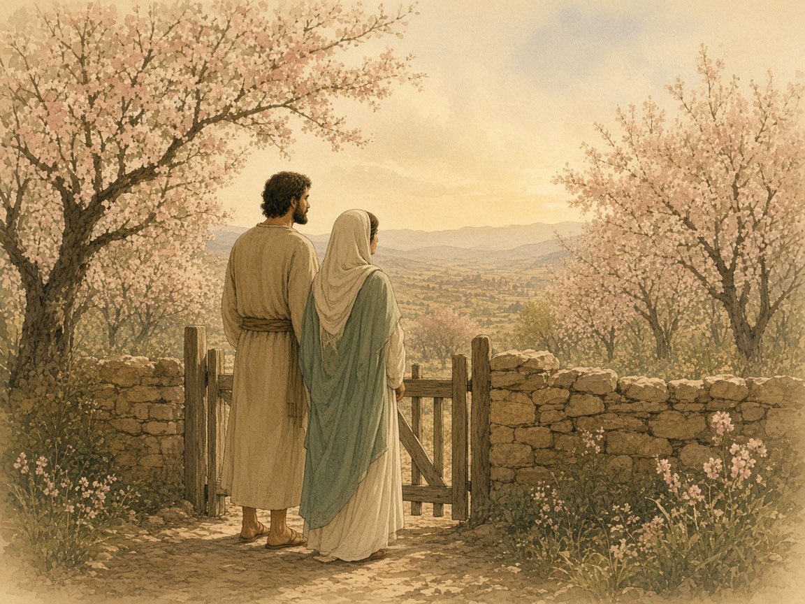 A man and a woman stand together at a garden gate among blossoms.