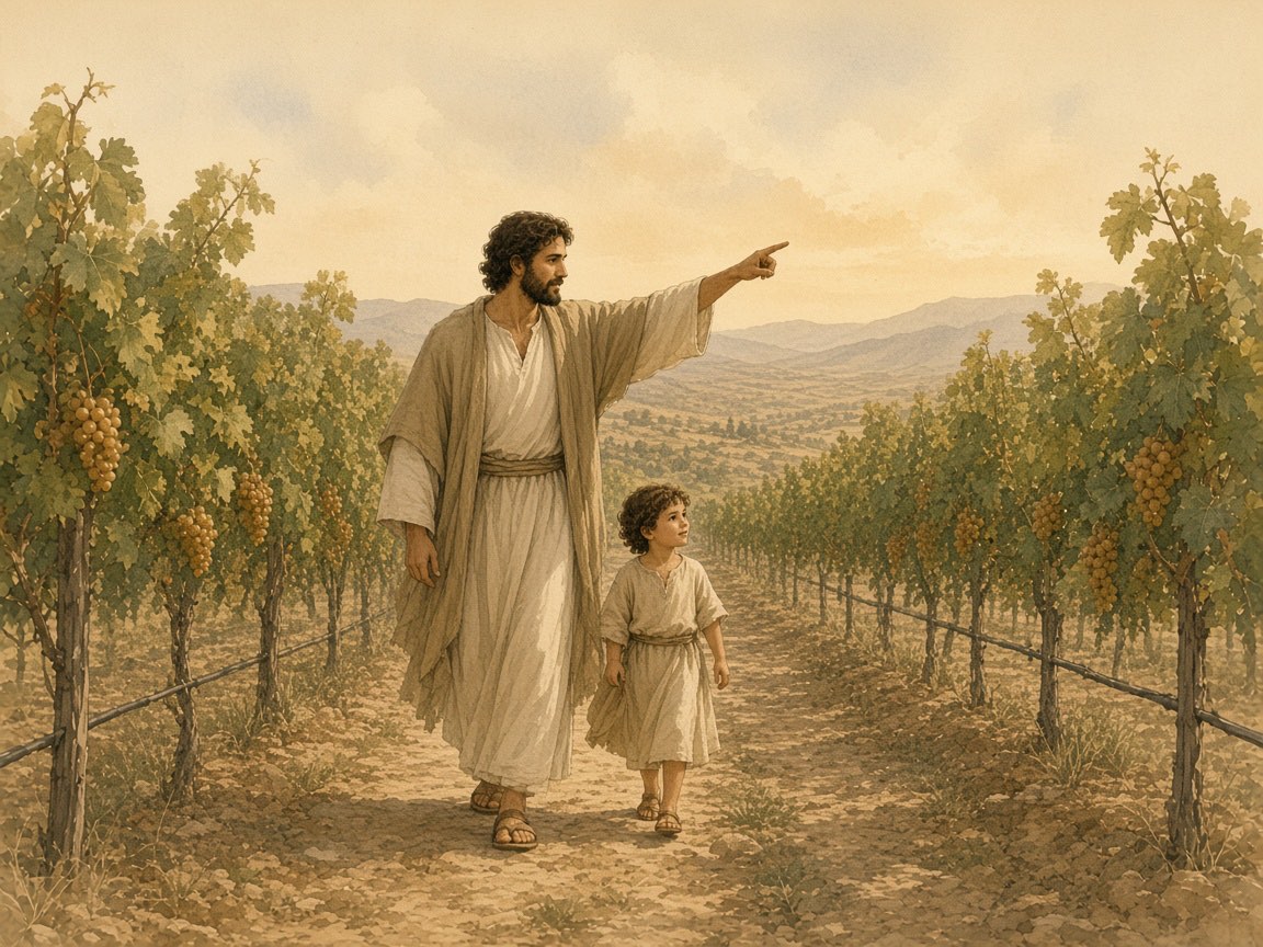 A father and a daughter walk a vineyard row.