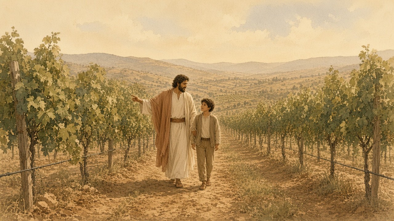 A parent and a youth walk a vineyard row, the parent pointing the way ahead.
