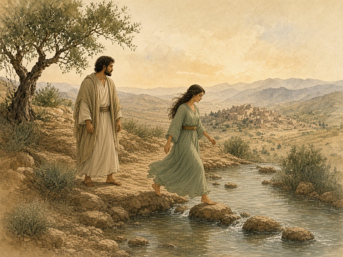 A woman crosses stream stones toward a man waiting on the far bank.
