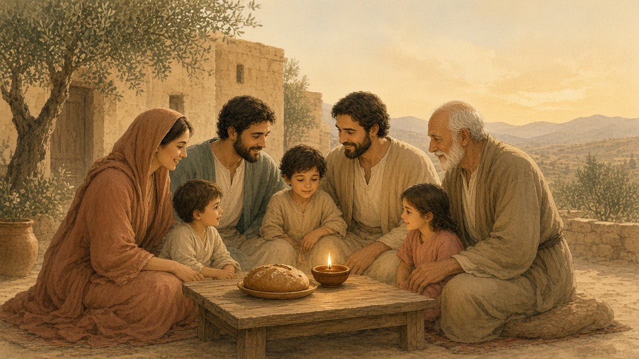 A family gathers around a low table with bread in a courtyard as evening begins.