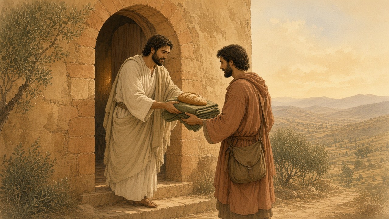 A person at a doorway gives bread and a folded cloak to a traveler.
