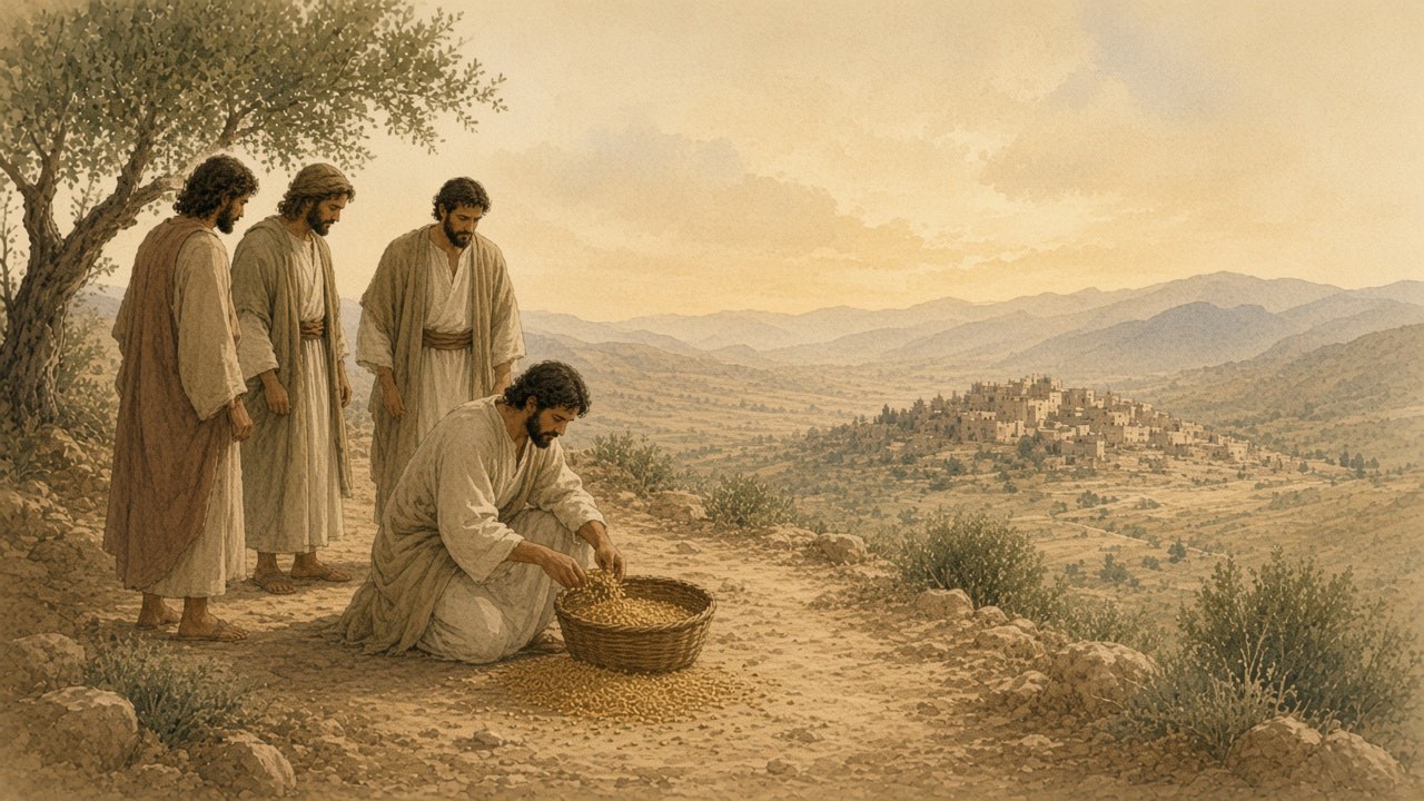 A person kneels to gather spilled grain back into a basket.