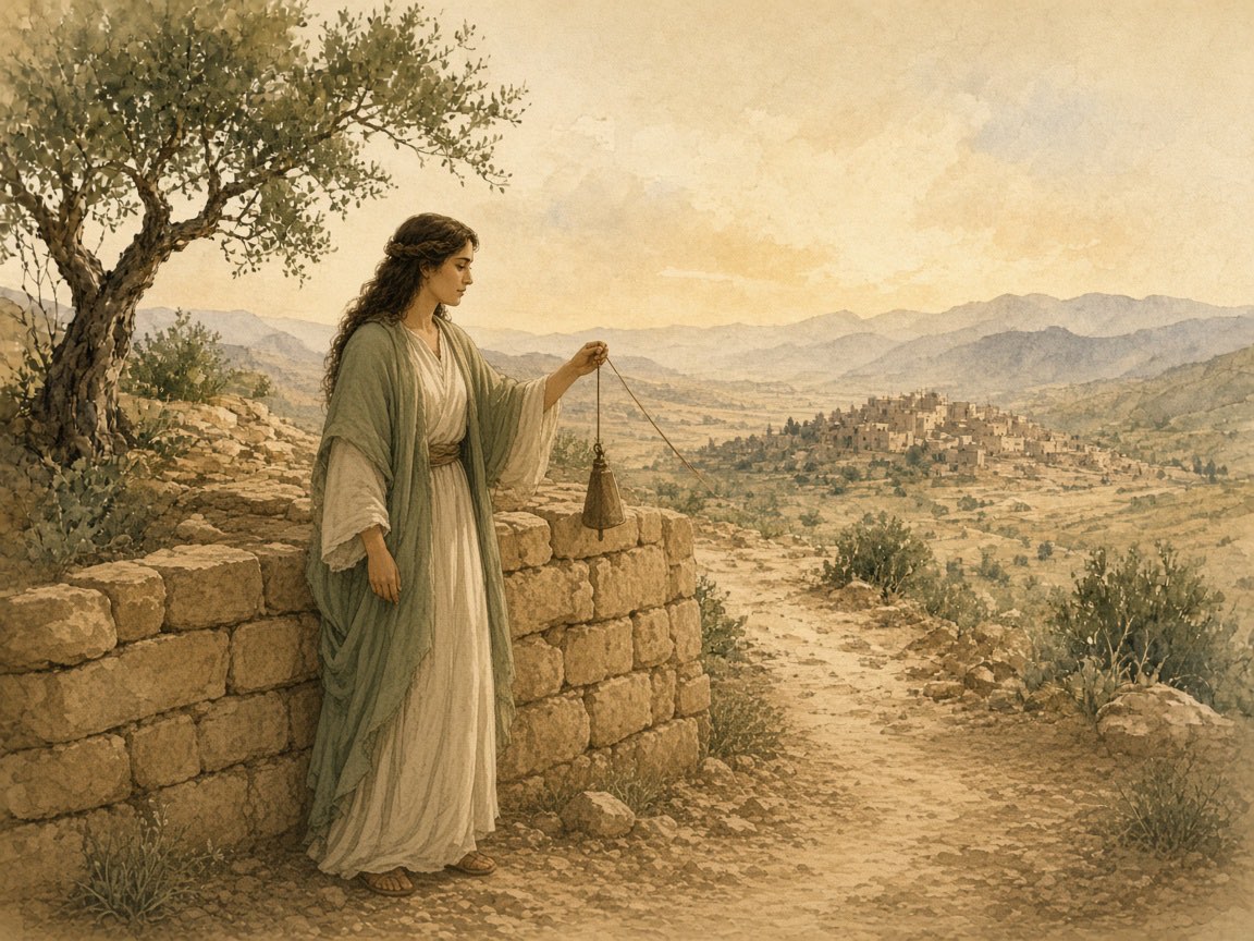 A woman checks a stone wall with a plumb line.