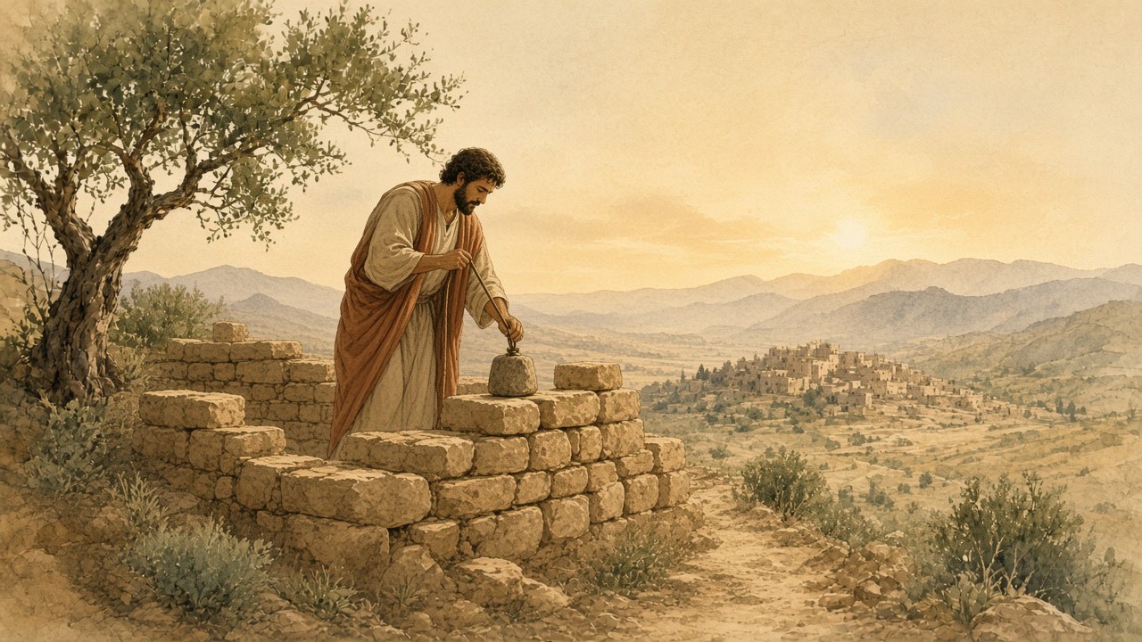 A builder checks a new stone wall with a plumb line in morning light.