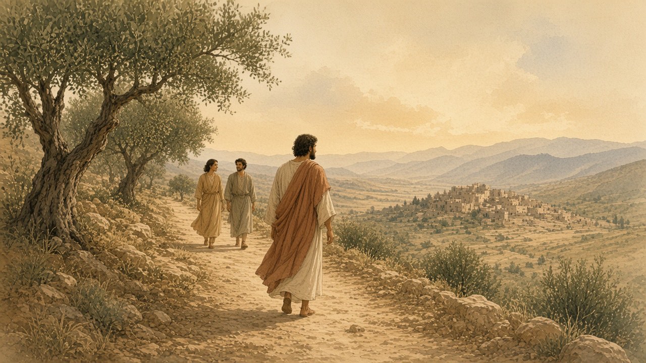 A person pauses on a path as two friends walk ahead, then turns toward an open road.