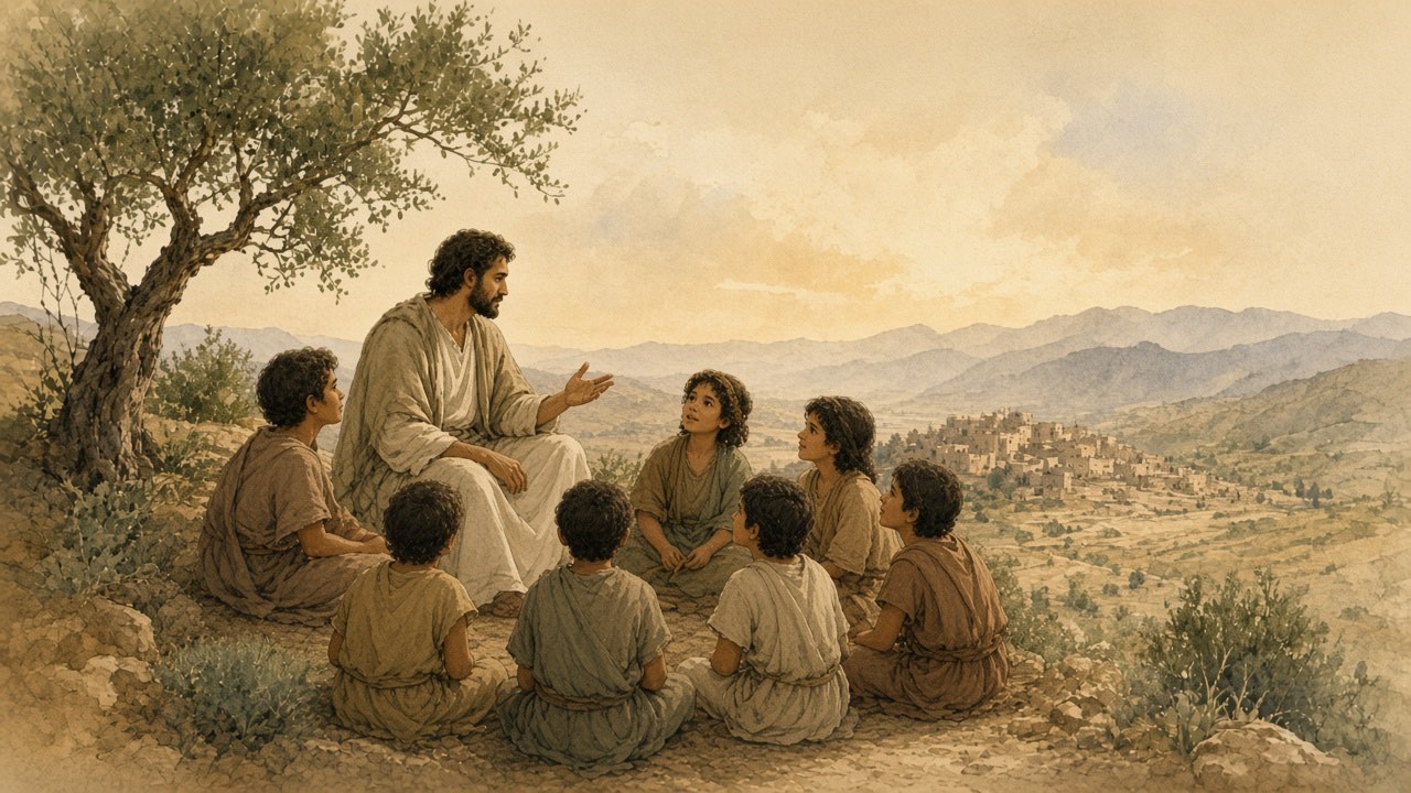 A teacher sits under a tree on a hillside telling stories to children and a few adults.