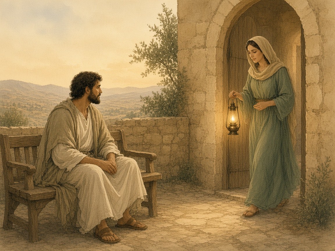 A woman with a lamp enters a gate toward a man sitting alone.