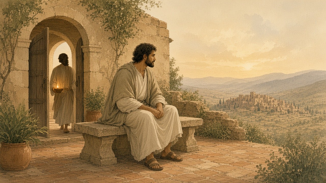 A person sits alone on a courtyard bench as someone enters the gate carrying a lamp.