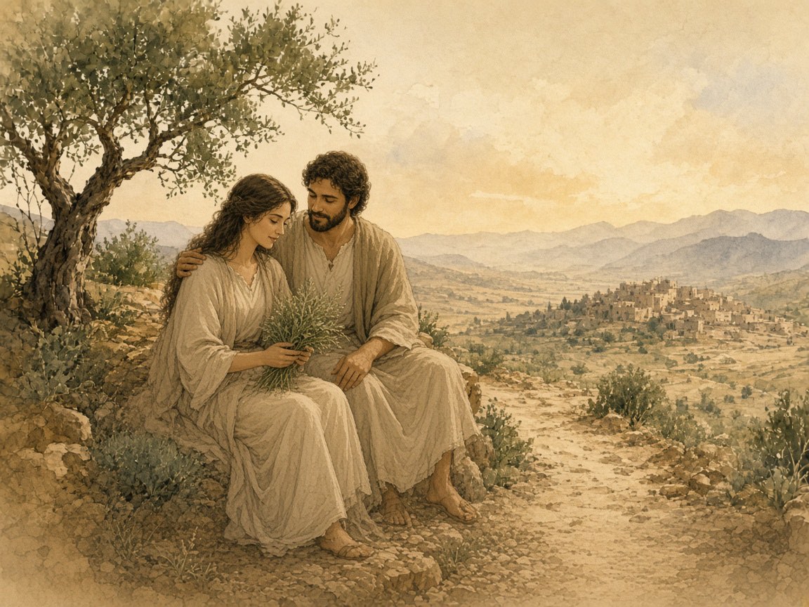 A man rests a hand on the shoulder of a woman holding wild herbs.