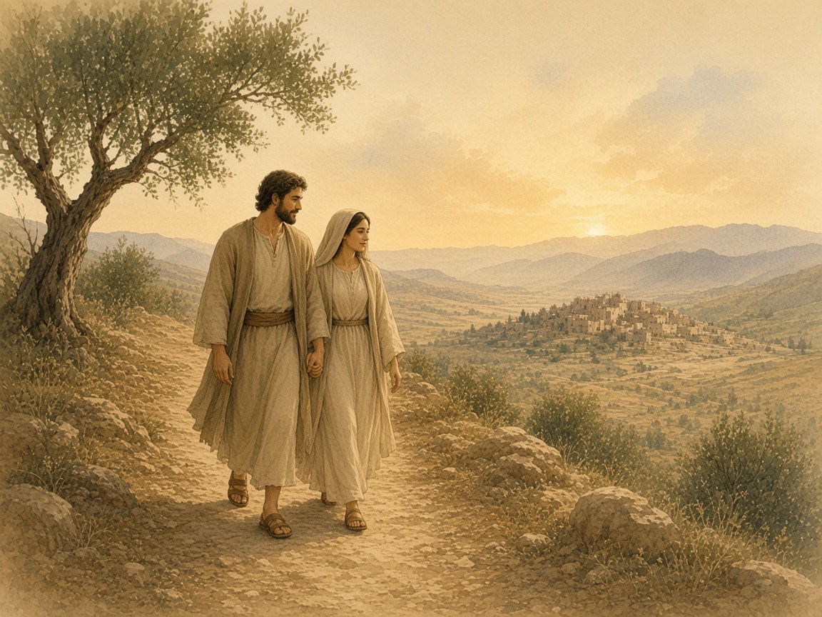 A husband and wife walk a village path at golden hour.