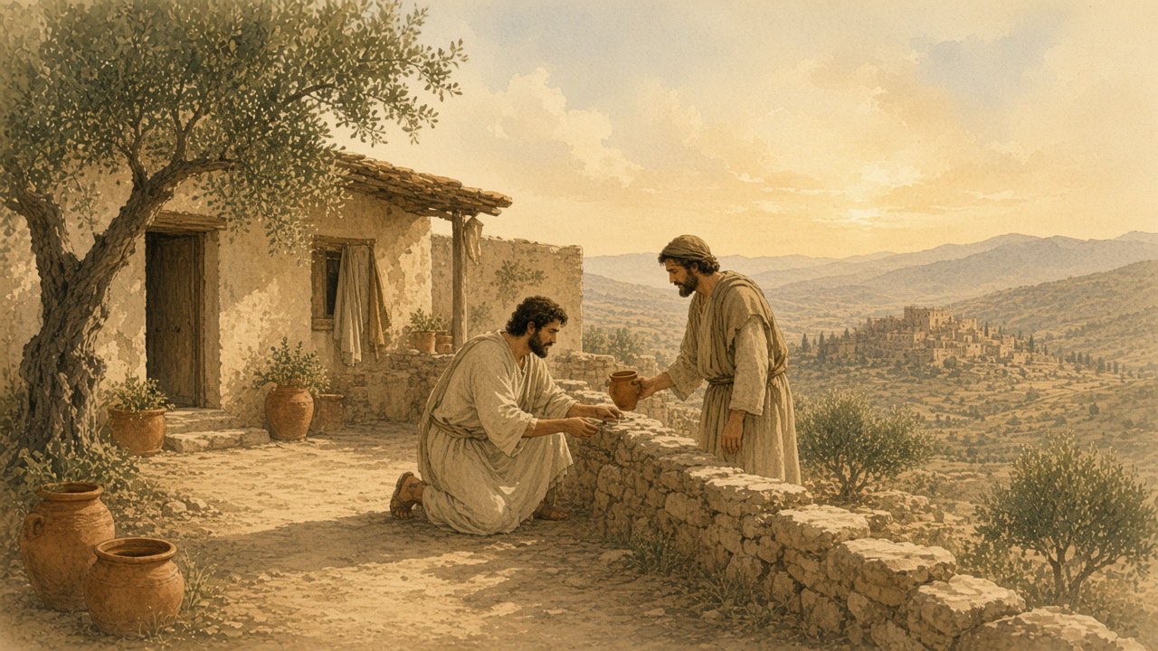 One neighbor repairs a stone fence while the other offers a cup of water.