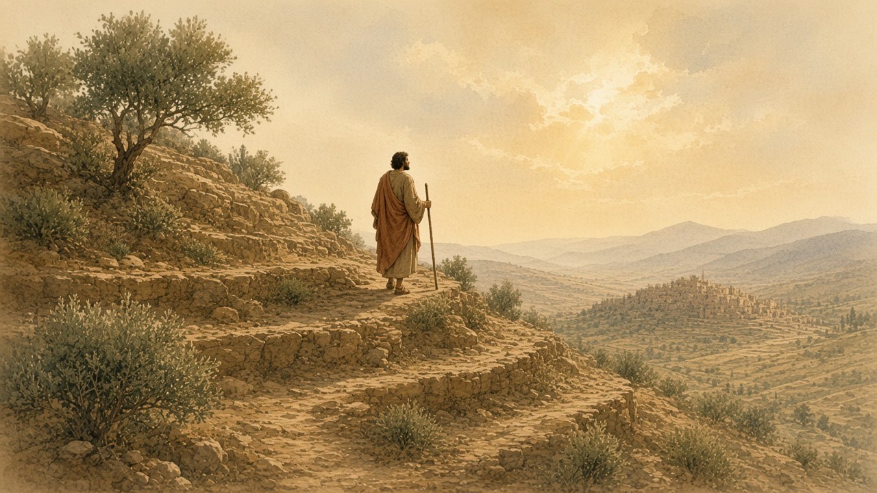 A walker with a staff climbs a terraced hill toward light at the crest.