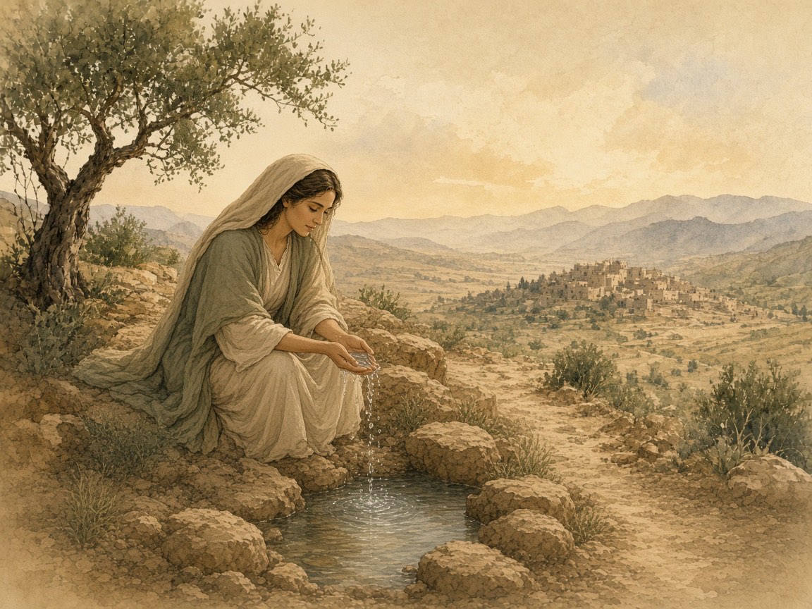 A woman cups spring water in her hands among pale rocks.