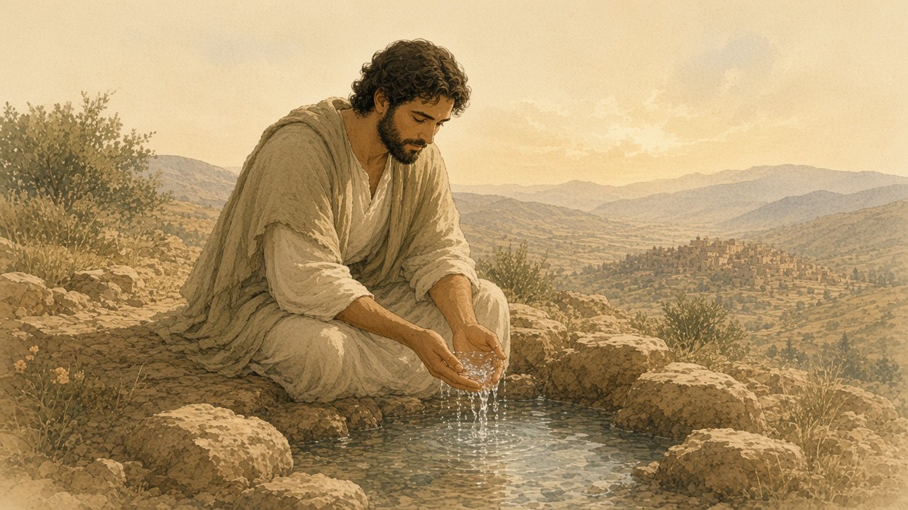 A person cups clear spring water in both hands among pale rocks.