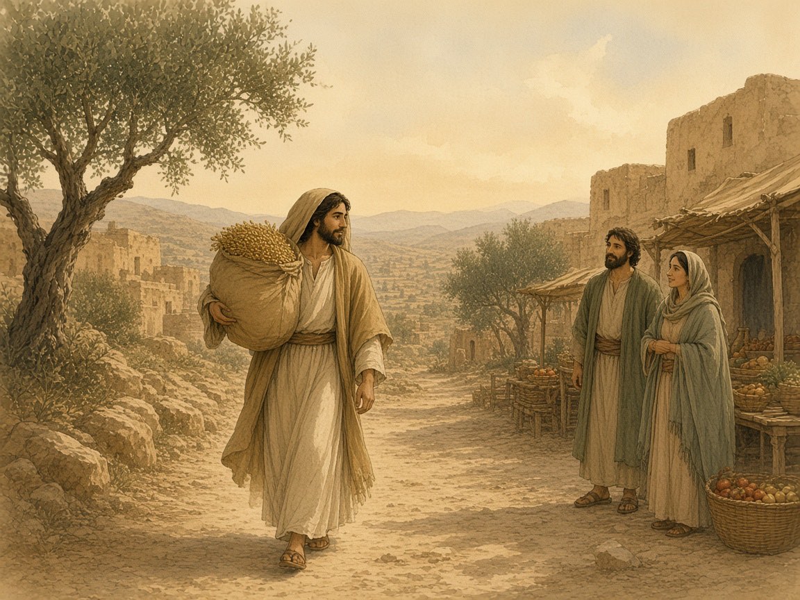 A woman carries grain through a market as neighbors look on.