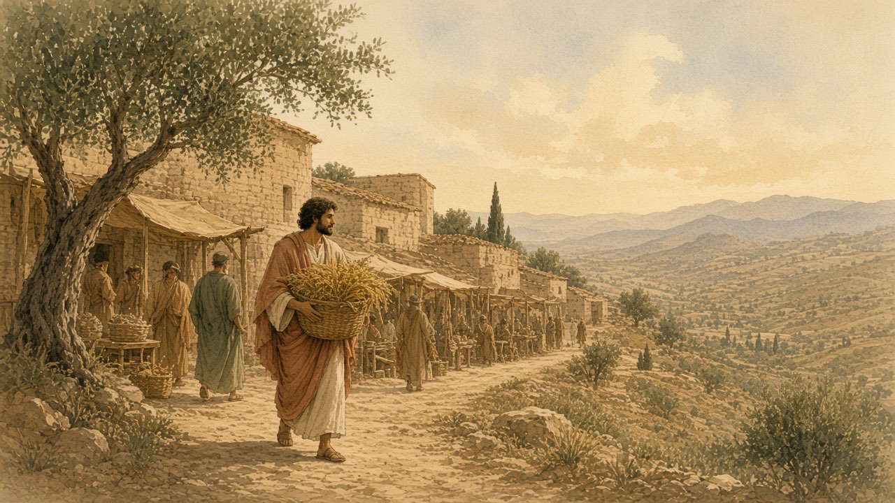 A person carries a full measure of grain through a small market as neighbors look on.