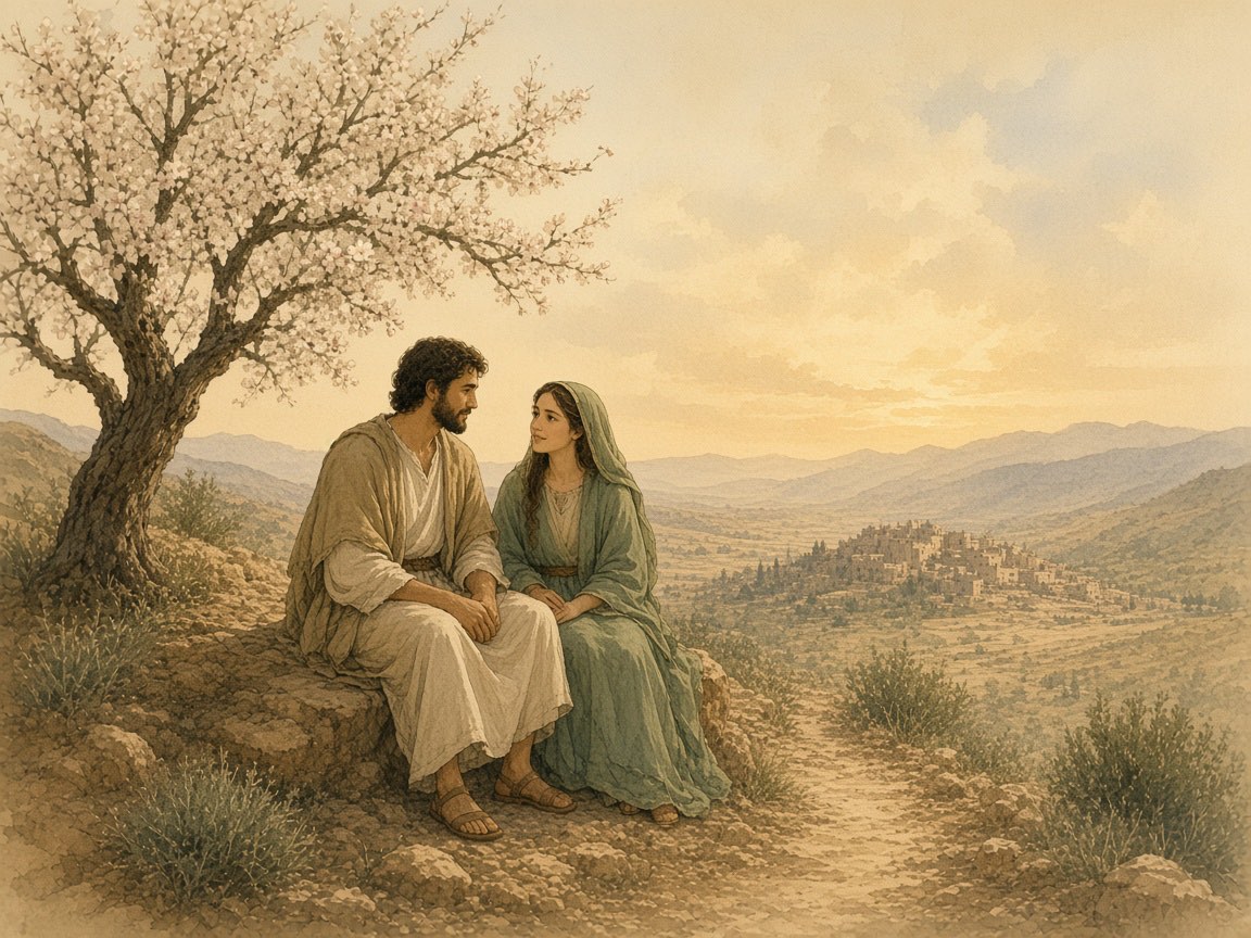 A young man and a young woman talk beside a blossoming almond tree.