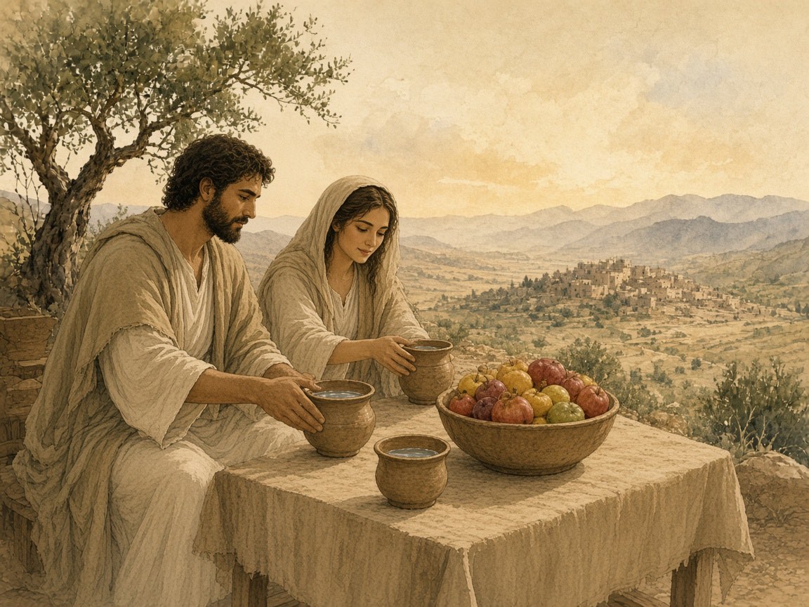 A man and a woman at a feast choose cups of water.