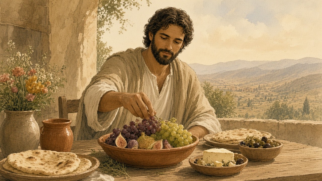 At a feast table, a person chooses a cup of water while their hand pauses above a bowl of fruit.