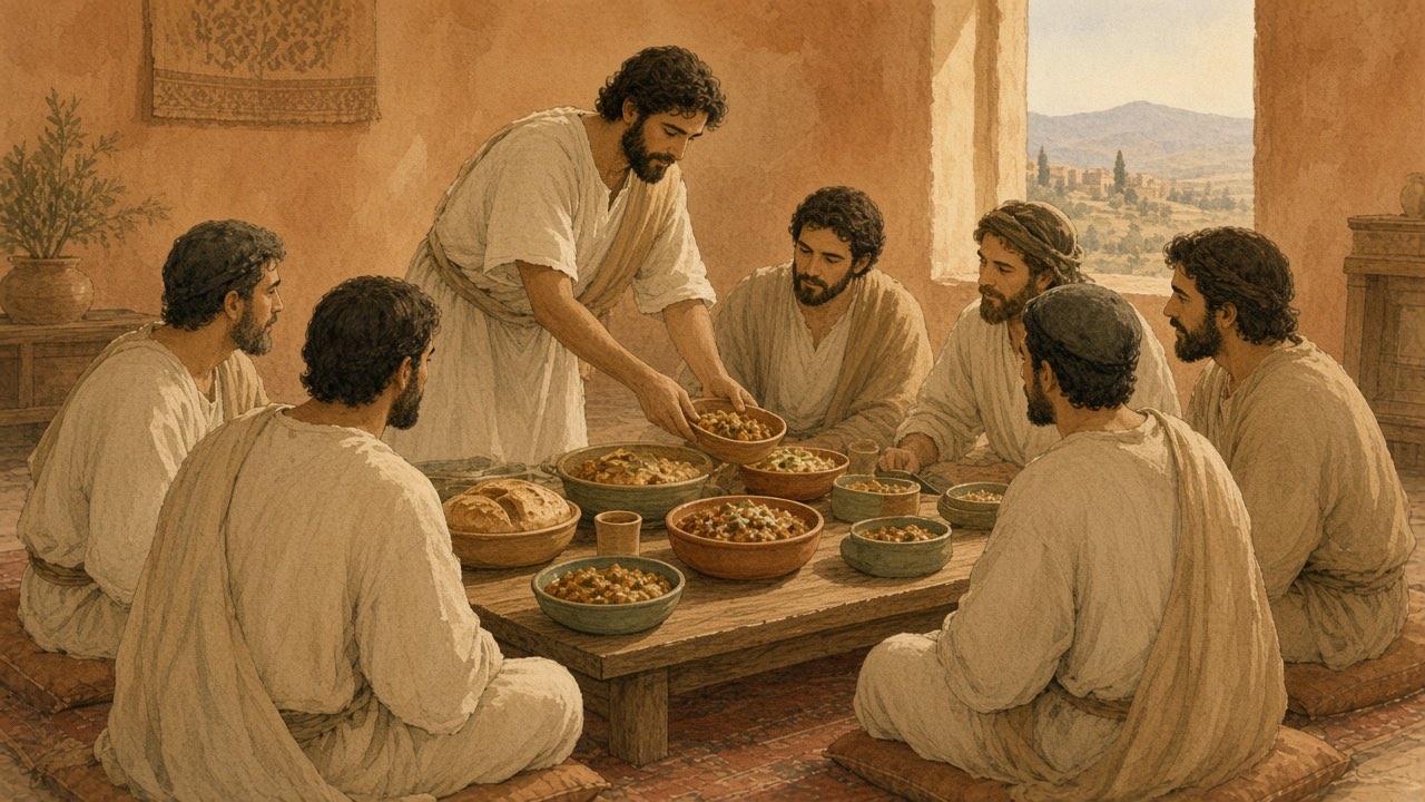 A person serves guests at a low table while their own place remains empty.