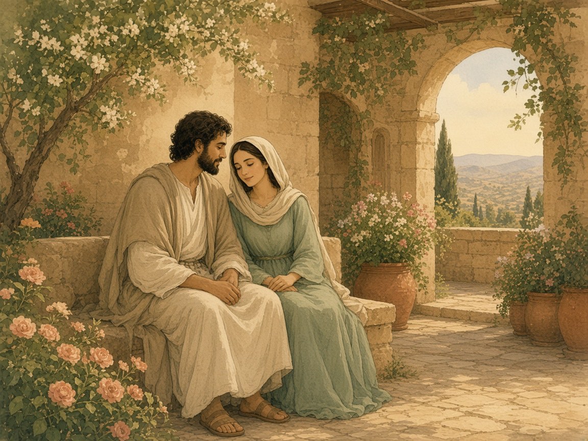 A husband and wife sit close among blossoms in a courtyard garden.