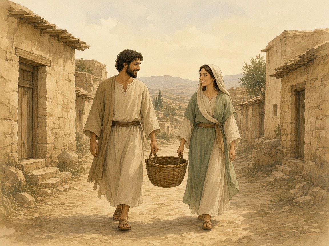 A brother and a sister walk a lane sharing one basket.