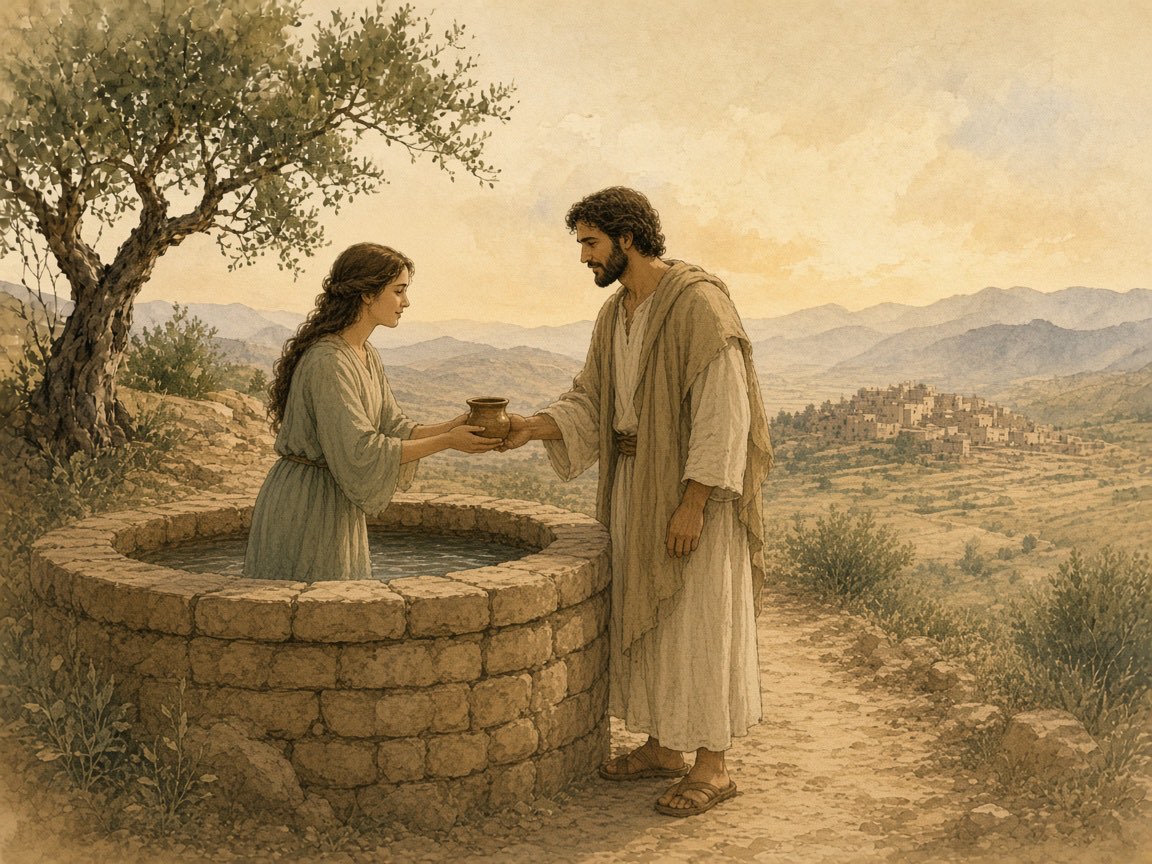 A woman offers a cup of water to a man at a well.