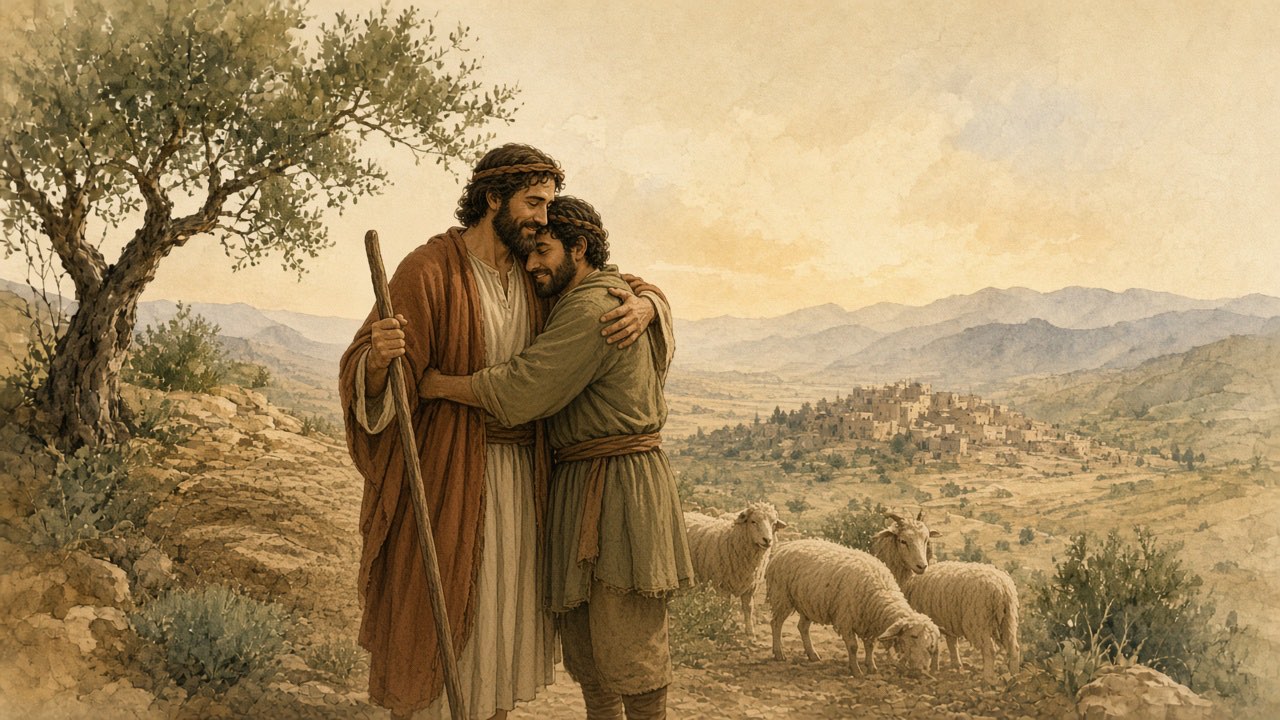 An older shepherd embraces a returning younger man on a hillside near a small flock.