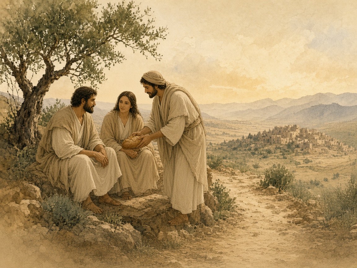 A traveler breaks bread for a man and a woman under a tree.