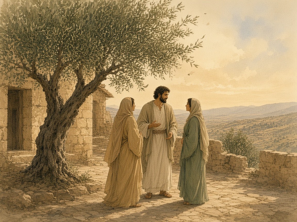 A man and two women gather in a courtyard under olive trees.