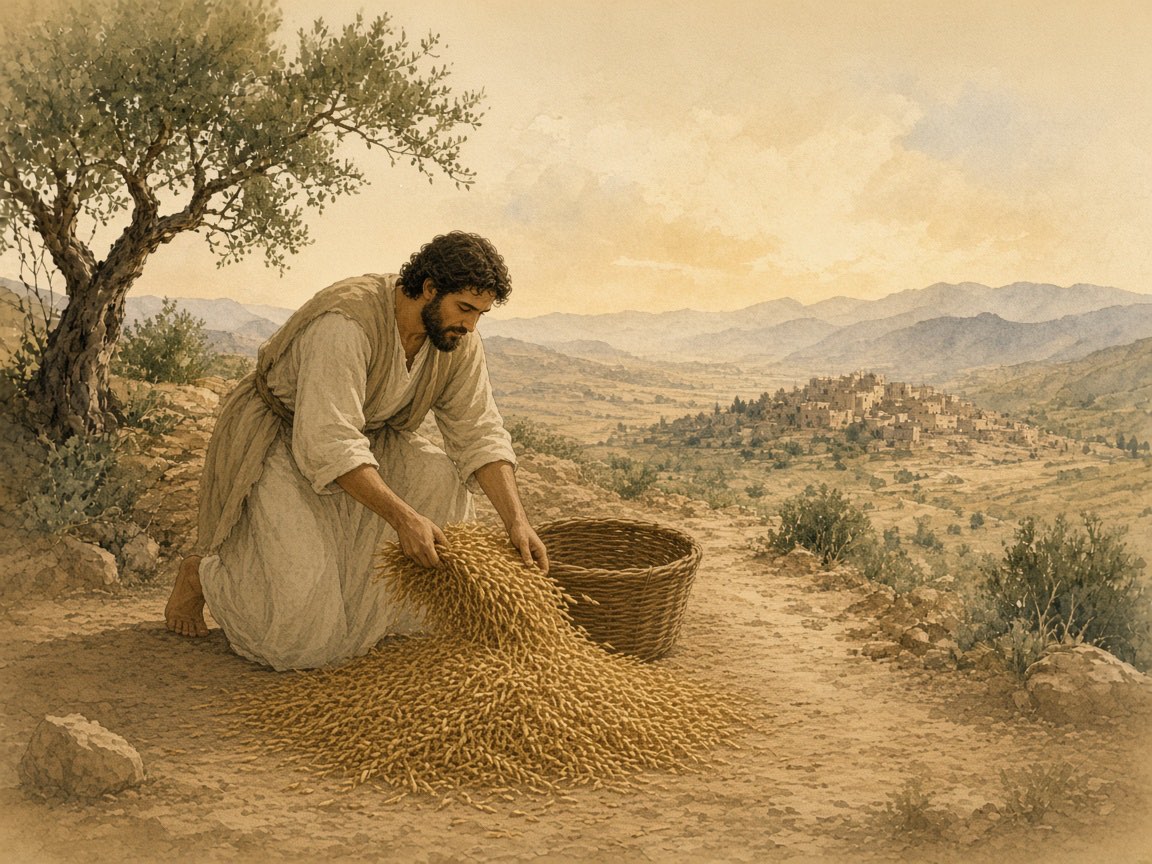 A farmer sets aside a portion of grain on a threshing floor.