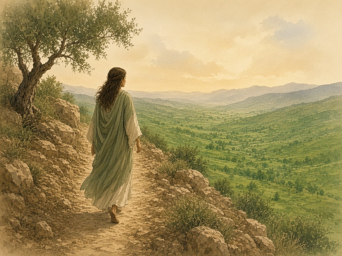 A woman walks through a rocky pass toward a green valley.