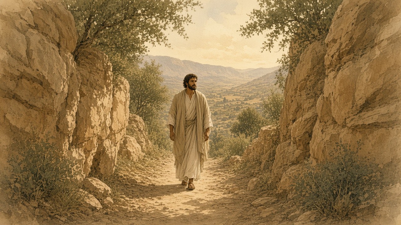 A walker moves through a narrow rocky pass that opens into a green valley.