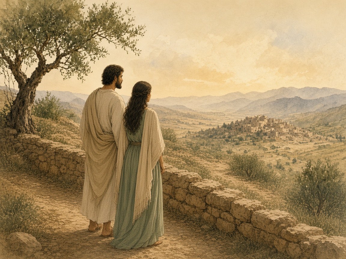 A man and a woman look together at a distant landscape.
