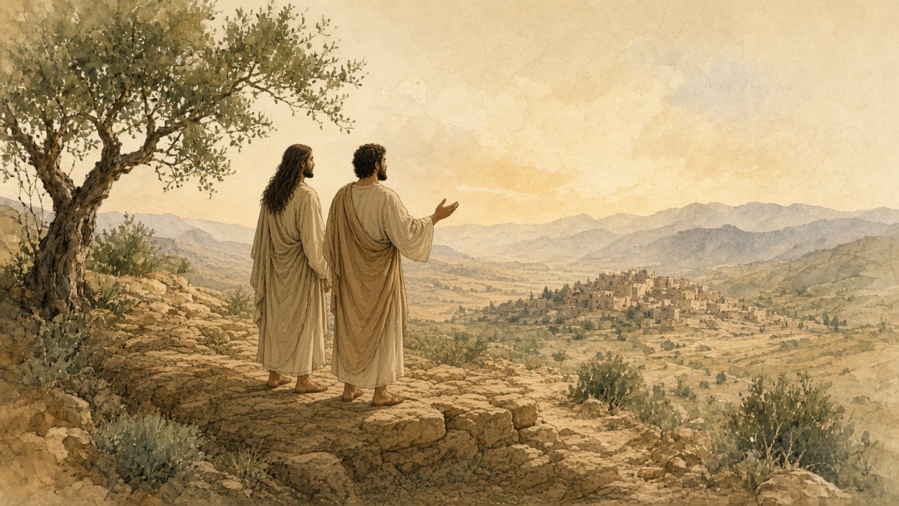 Two people stand on a wall looking at the same distant landscape, one gesturing gently.
