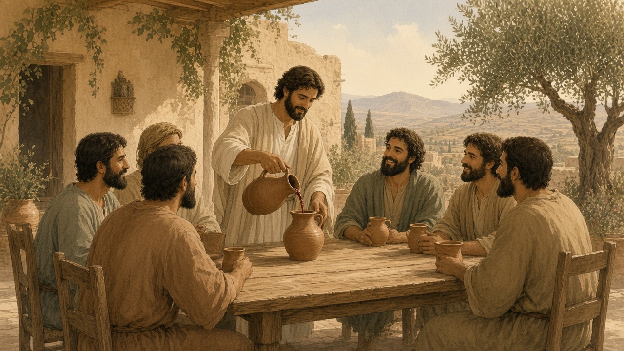 A courtyard owner pours wine for household workers seated at the same table.