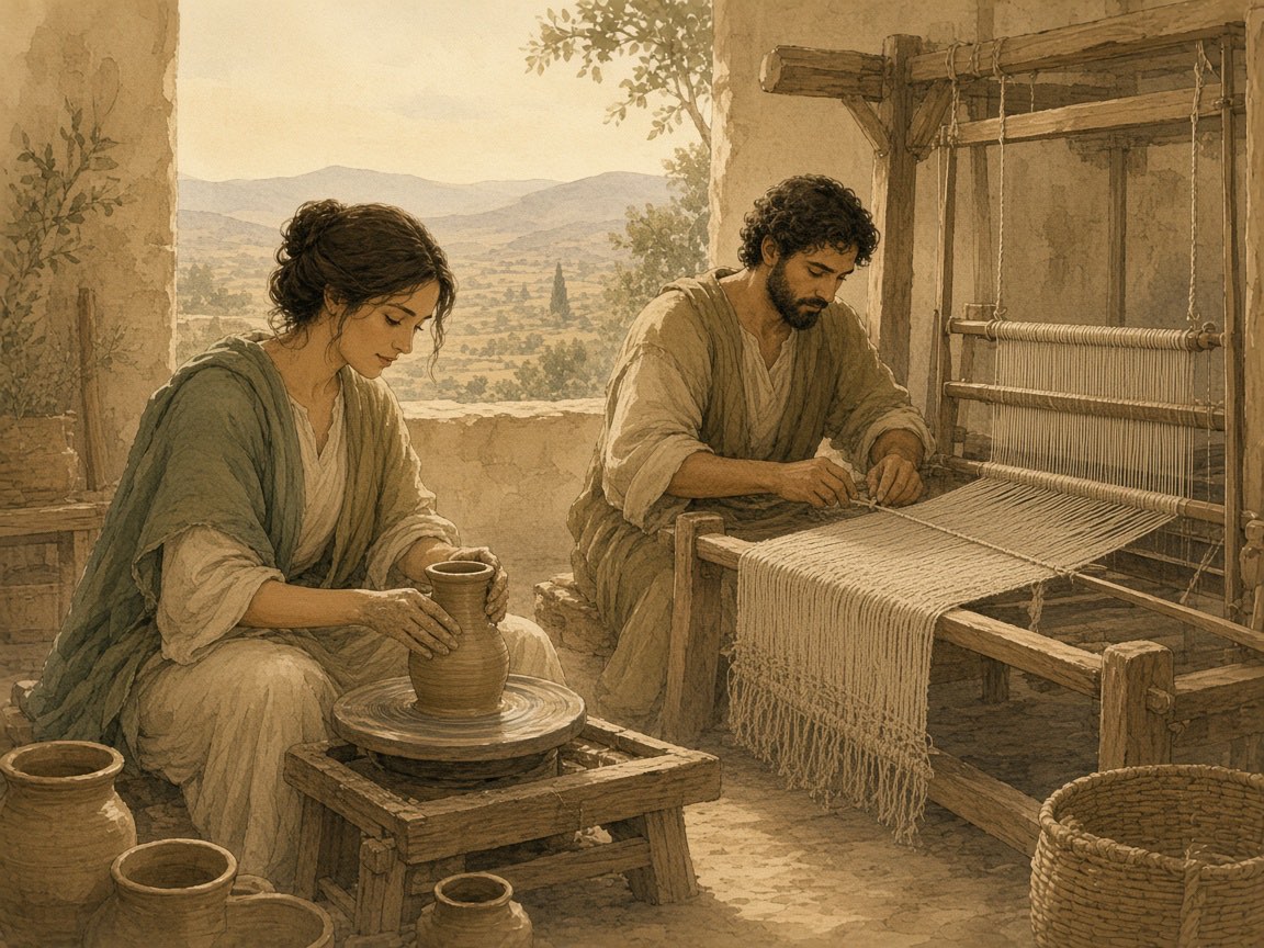 A woman works at a pottery wheel while a man works at a loom.