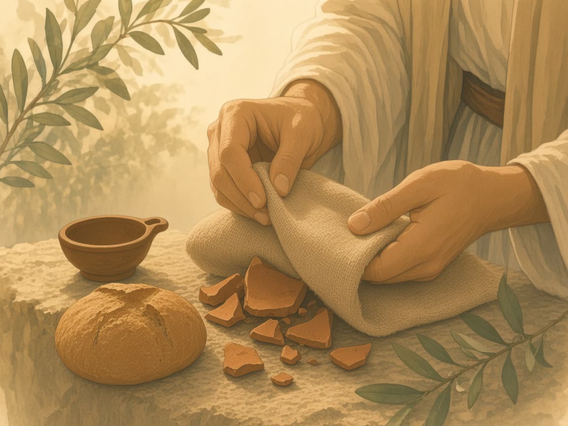 Hands fold a wool cloth over broken pottery beside a loaf and a clay cup.