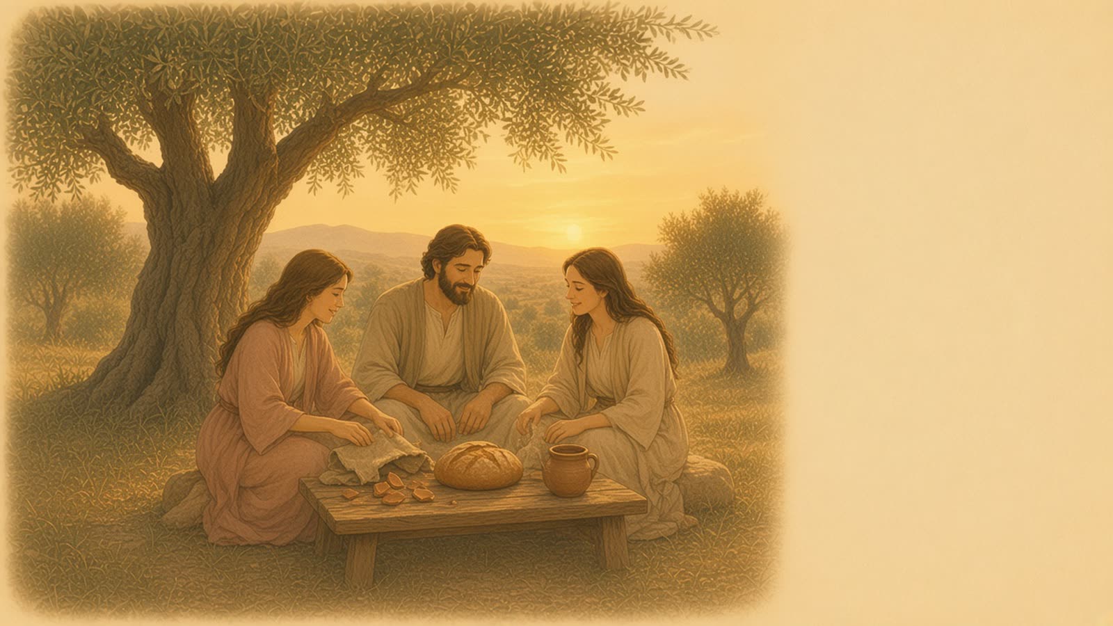 Three people share bread at a low table while a wool cloth is laid over a small pile of broken pottery.