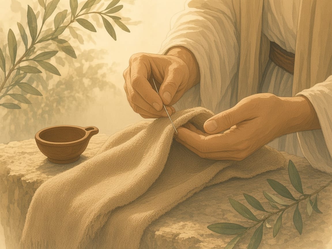 Hands mend a wool cloak while open hands rest nearby, with a clay lamp and an olive sprig.