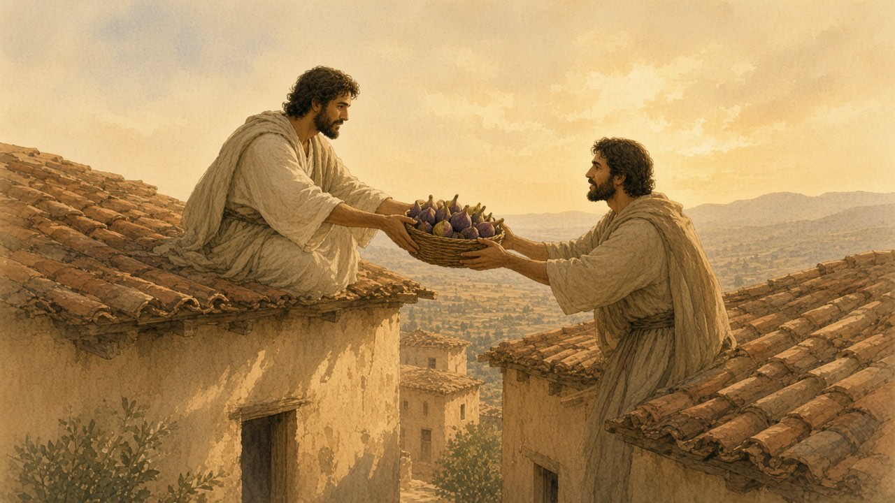 A person passes a basket of figs across a small gap between two rooftops.