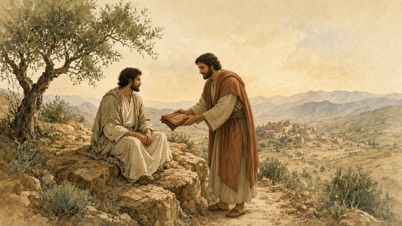 A person offers a waterskin to a stranger seated on the far side of a road.