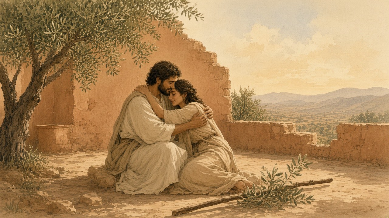 Two people embrace gently in a courtyard, a wooden staff set down beside them.