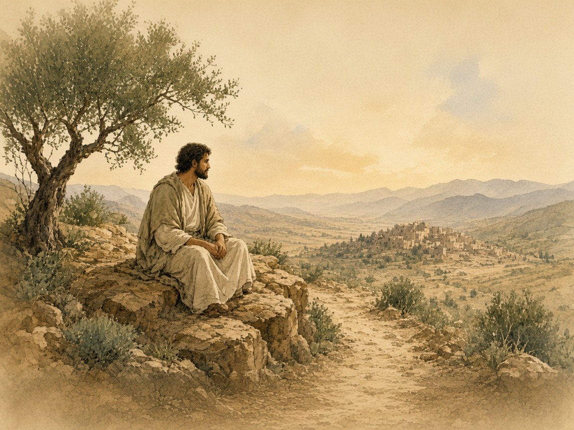 A man sits quietly on a stone overlook beneath an olive tree.